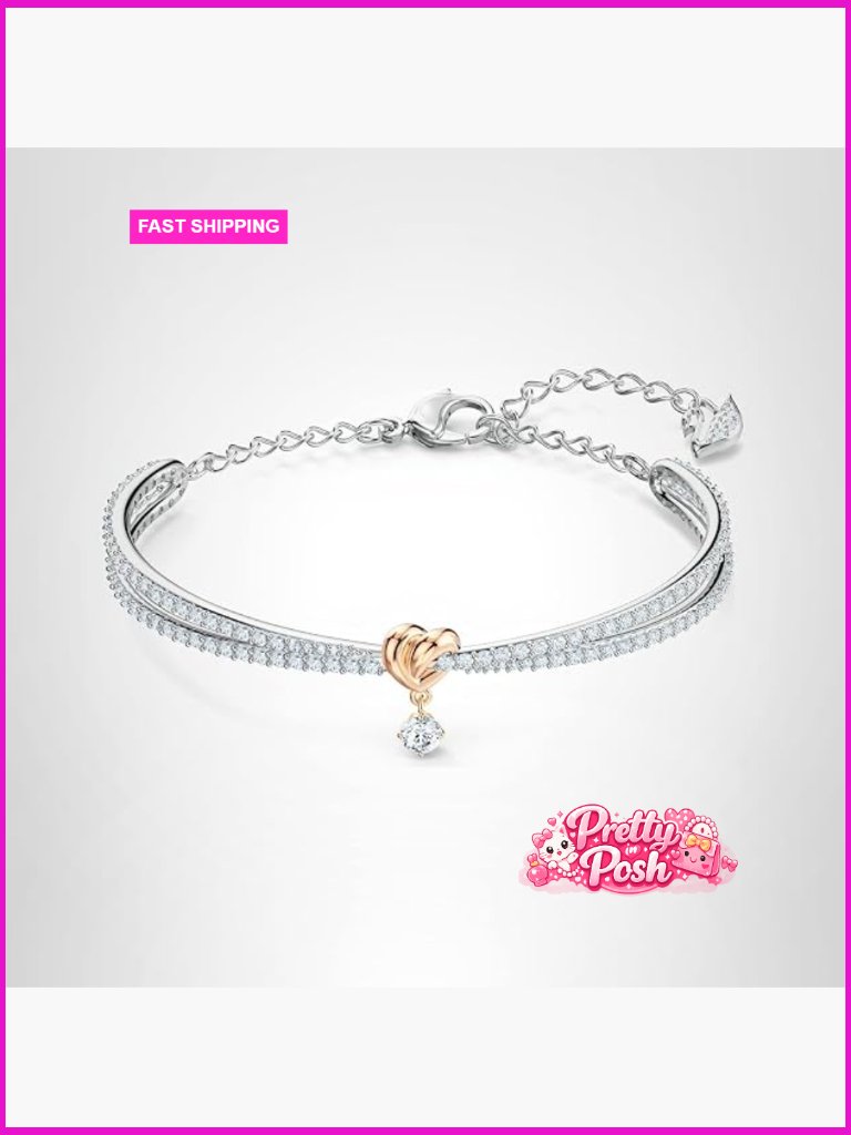 Crystal Bangle Bracelet - Heart Charm, Rhodium Finish, Adjustable